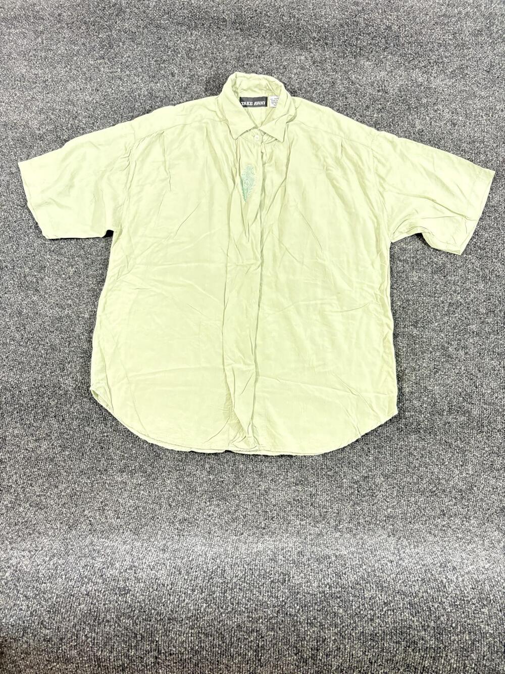 TAKE AWAY Shirt Mens L Green Short Sleeve Button Up Embroidered Rayon Casual